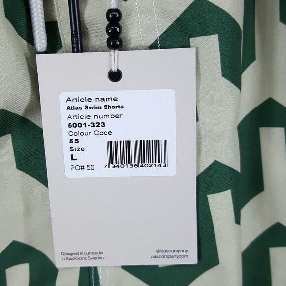 OAS Swimwear Mens Large Tan Green Wavy Pattern Swim Trunks Shorts ATLAS - Picture 3 of 10